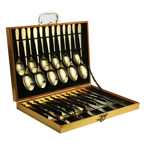 Sliver& Gold Cutlery Set in Wooden Box Family D 24 Piece Deluxe Stainless.S 